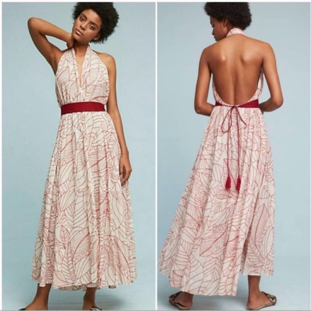 Anthropologie Leaf Print Maxi Dress in Red and Cream